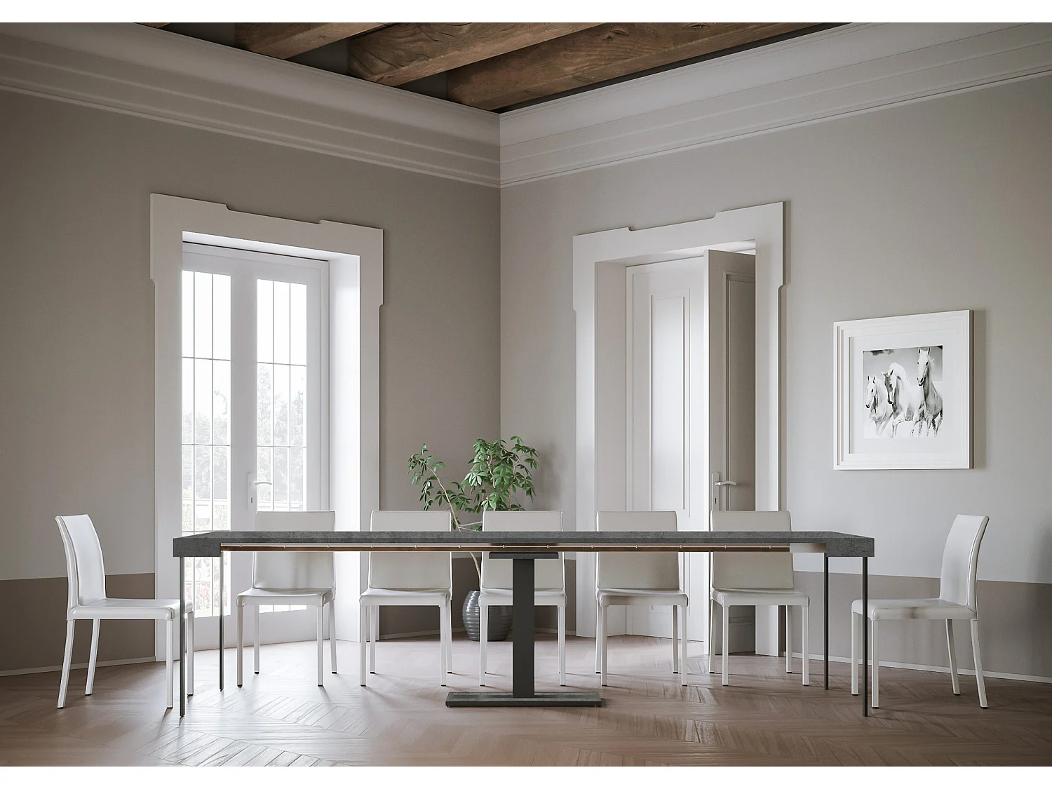 Uitschuifbare sidetable 90x40/300 cm Capital cement met antraciet frame