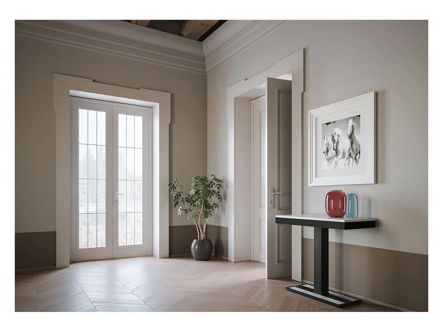 Designer uitschuifbare houten console met centrale poot Kapital evolution 90x40/196 of 90x40/300 cm-Kleur Wit-Verlengsnoeren 5 uitbreidingen