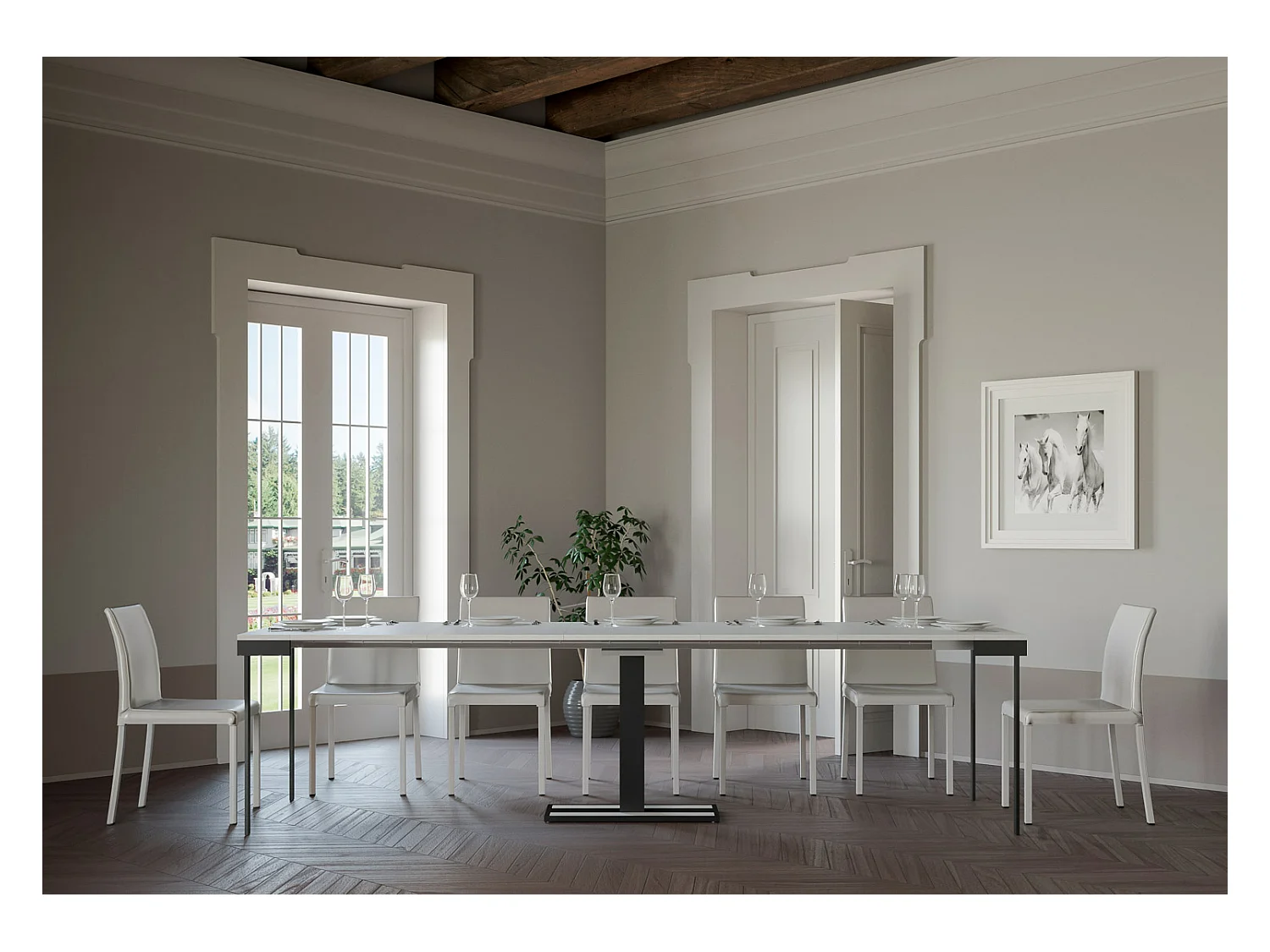 Designer uitschuifbare houten console met centrale poot Kapital evolution 90x40/196 of 90x40/300 cm-Kleur Wit-Verlengsnoeren 5 uitbreidingen