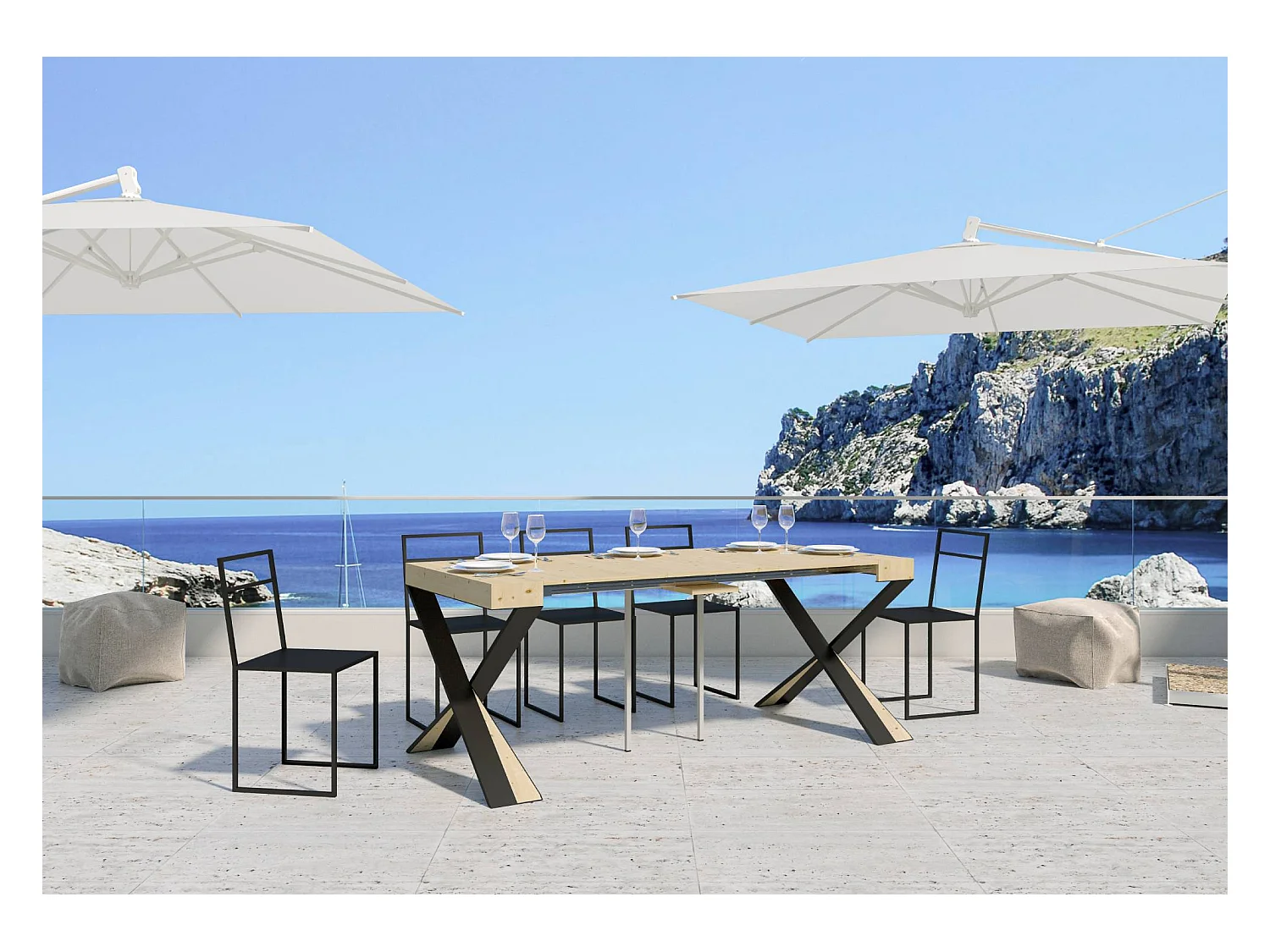 Consola extensible de abeto macizo claro con patas de metal antracita, 14 plazas, de 40 a 290 cm Lilia Premium-Versión Premium