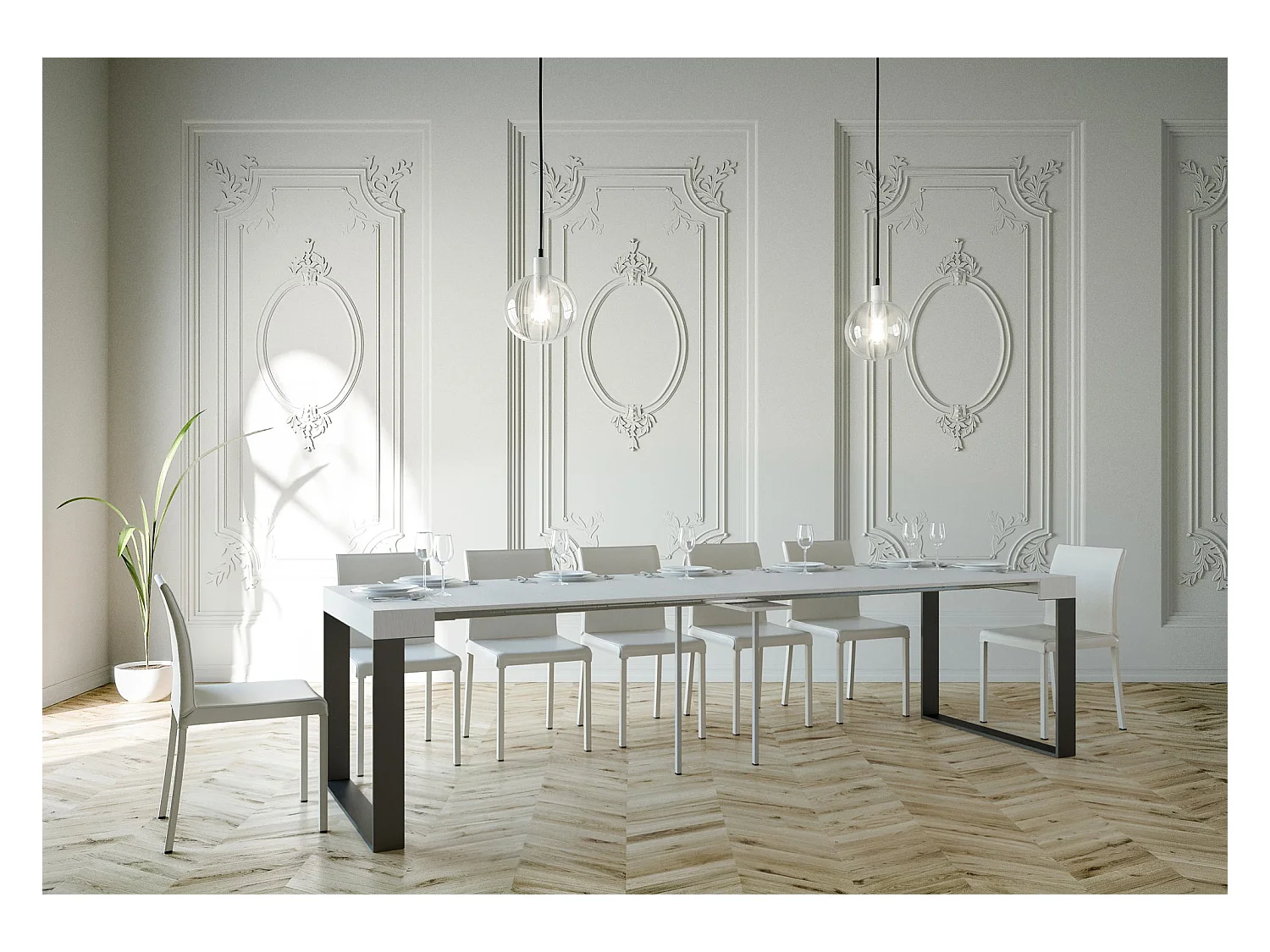 Console extensible 90x40/300 cm Elettra Frêne Blanc cadre Anthracite