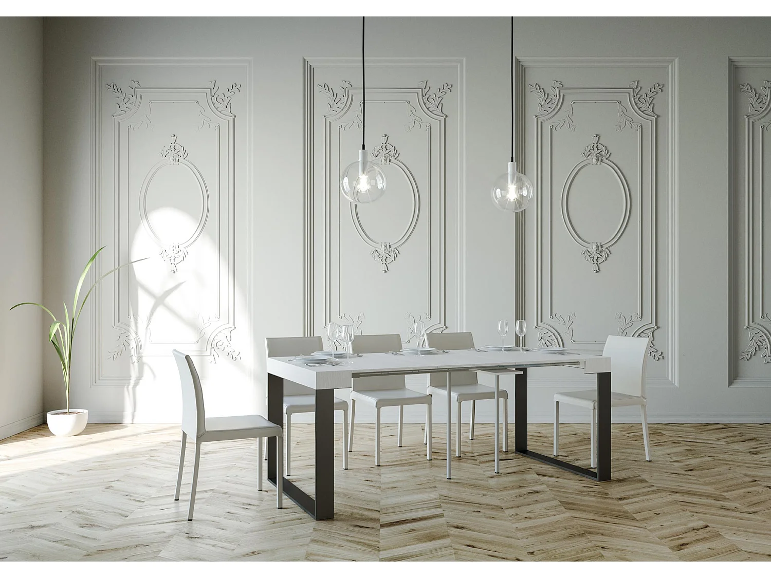 Console extensible 90x40/300 cm Elettra Frêne Blanc cadre Anthracite