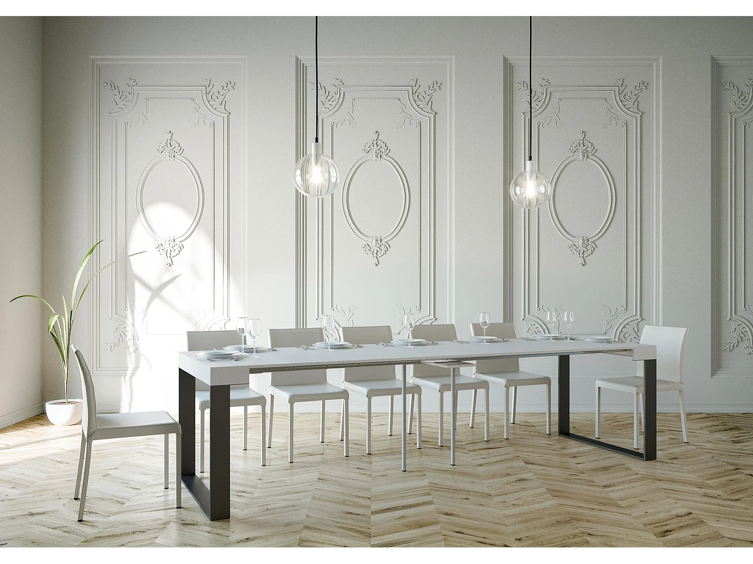 Console extensible 90x40/300 cm Elettra Frêne Blanc cadre Anthracite