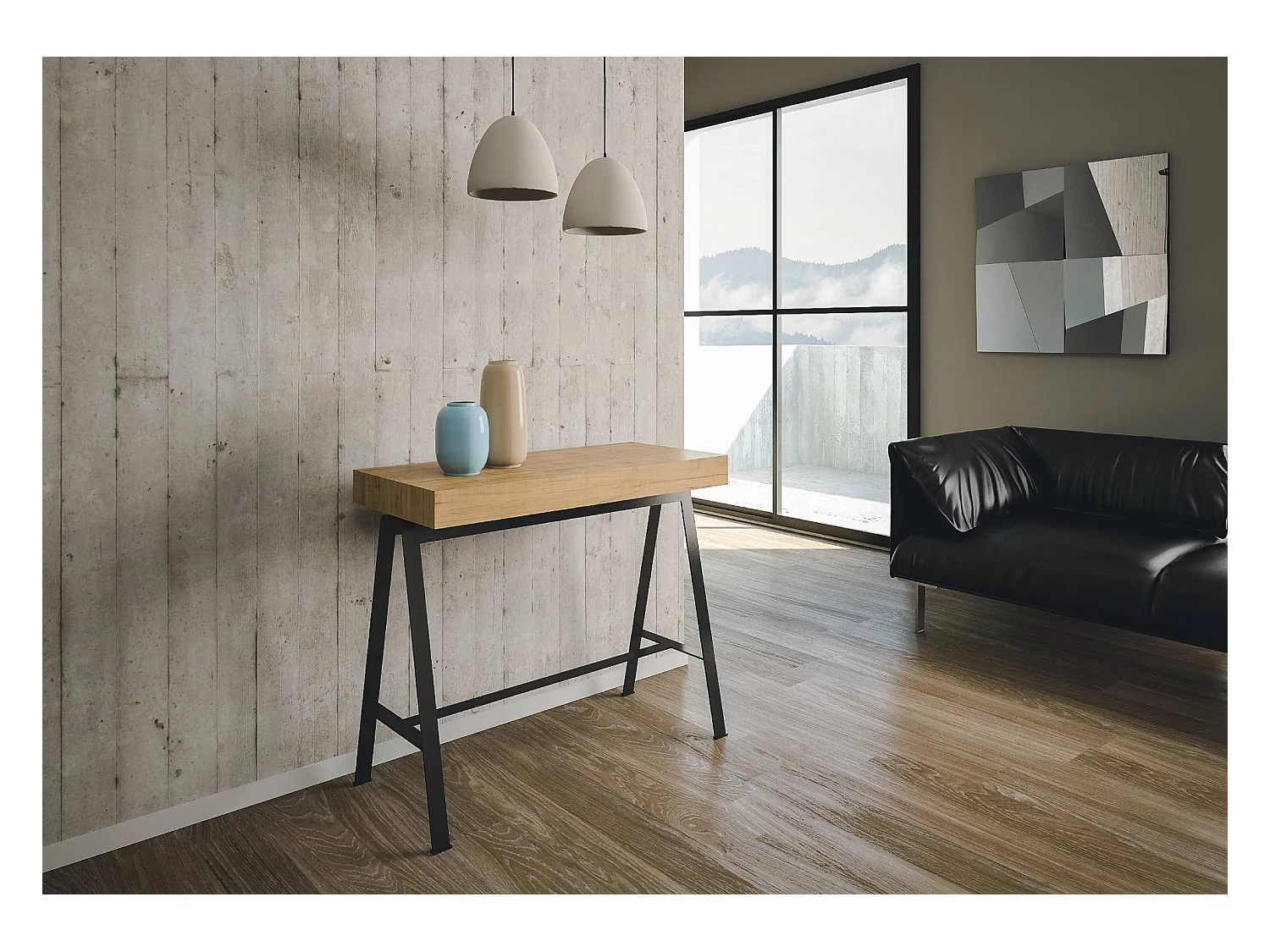 Rozkładana konsola 90x40/300 cm Ławka Premium Natural Dąb Struktura Antracyt