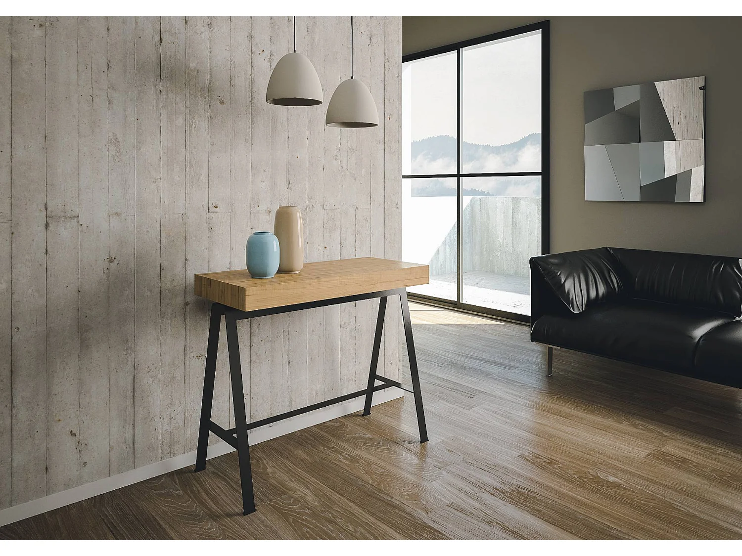 Rozkładana konsola 90x40/300 cm Ławka Premium Natural Dąb Struktura Antracyt