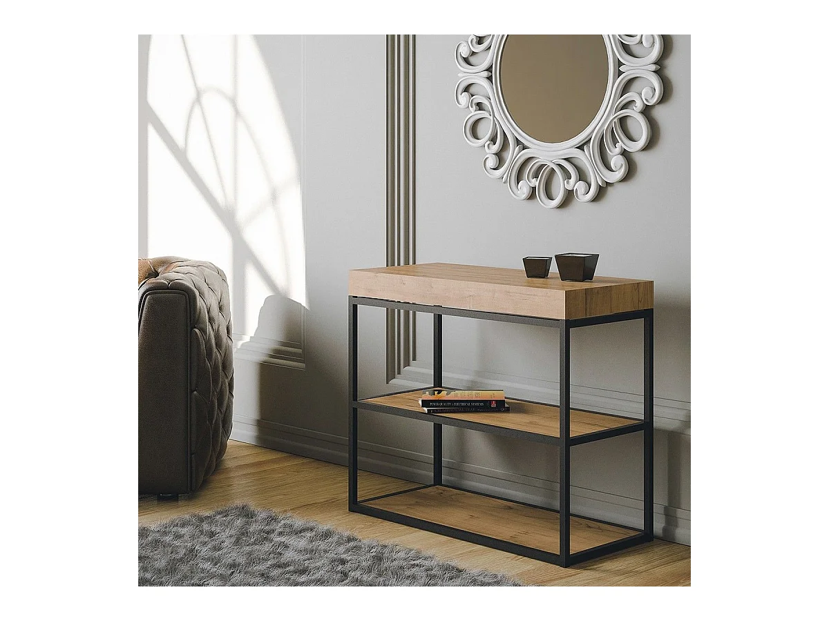 Ausziehbarer Konsolentisch 90x40/196 cm Plano Small Eiche Natur mit Eisenrahmen aus Anthrazit