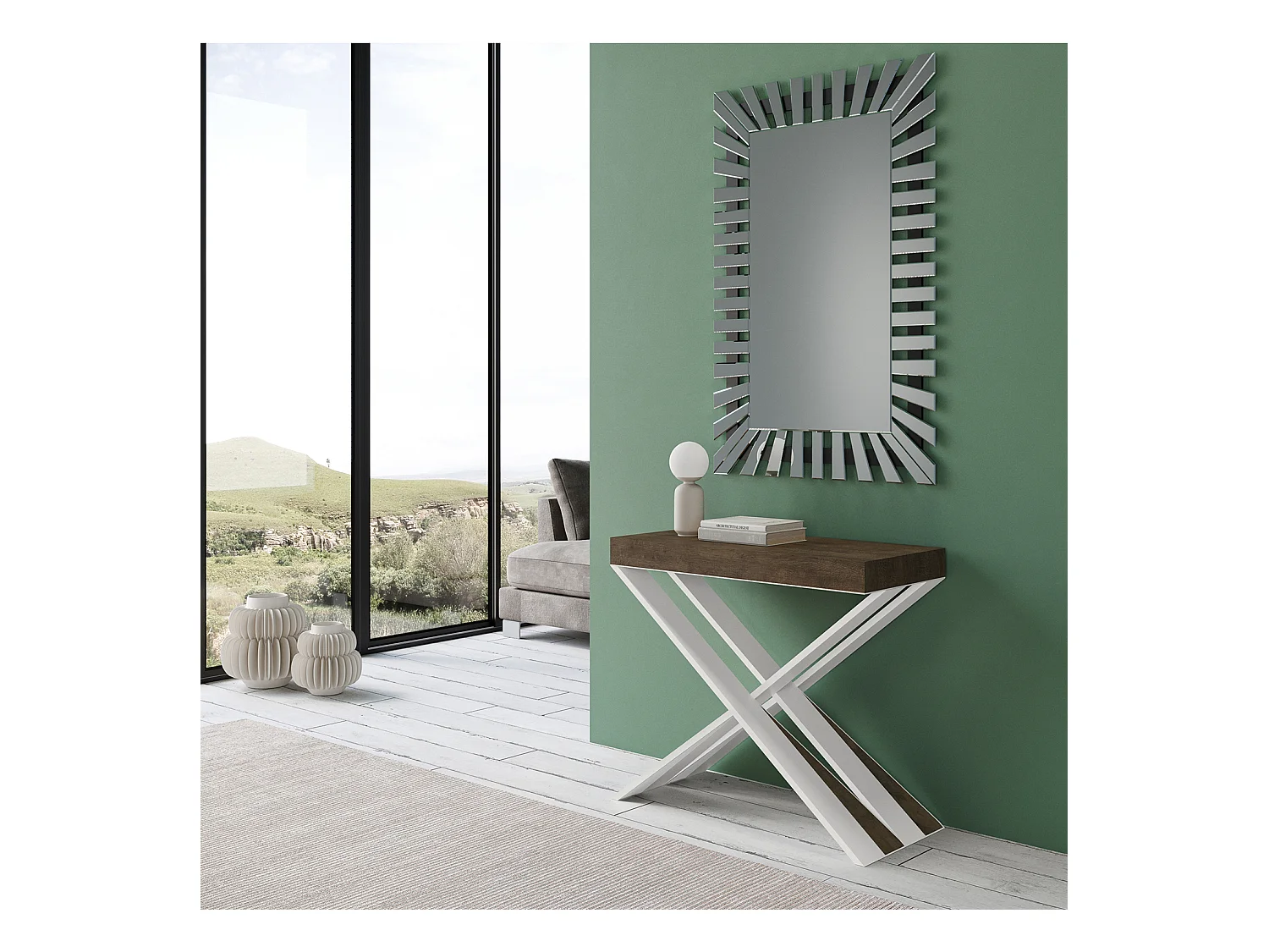 Uitschuifbare console in hout en wit stalen gekruiste poten Diago 90x40/196 of 90x40/300 cm-Kleur Bruin-Steun 2 voet-Verlengsnoeren 5 dunne verlengingen