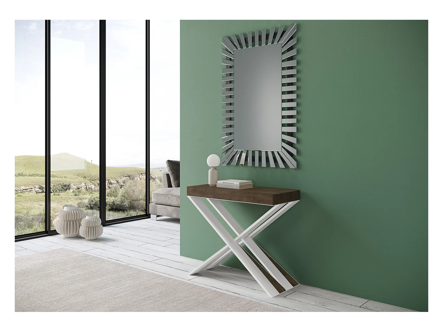 Uitschuifbare console in hout en wit stalen gekruiste poten Diago 90x40/196 of 90x40/300 cm-Kleur Bruin-Steun 2 voet-Verlengsnoeren 5 dunne verlengingen