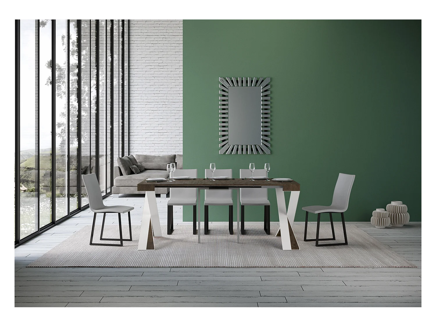 Uitschuifbare console in hout en wit stalen gekruiste poten Diago 90x40/196 of 90x40/300 cm-Kleur Bruin-Steun 2 voet-Verlengsnoeren 5 dunne verlengingen