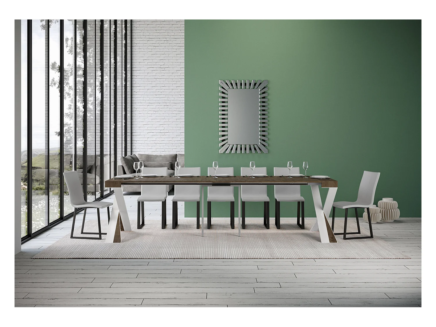 Uitschuifbare console in hout en wit stalen gekruiste poten Diago 90x40/196 of 90x40/300 cm-Kleur Bruin-Steun 2 voet-Verlengsnoeren 5 dunne verlengingen