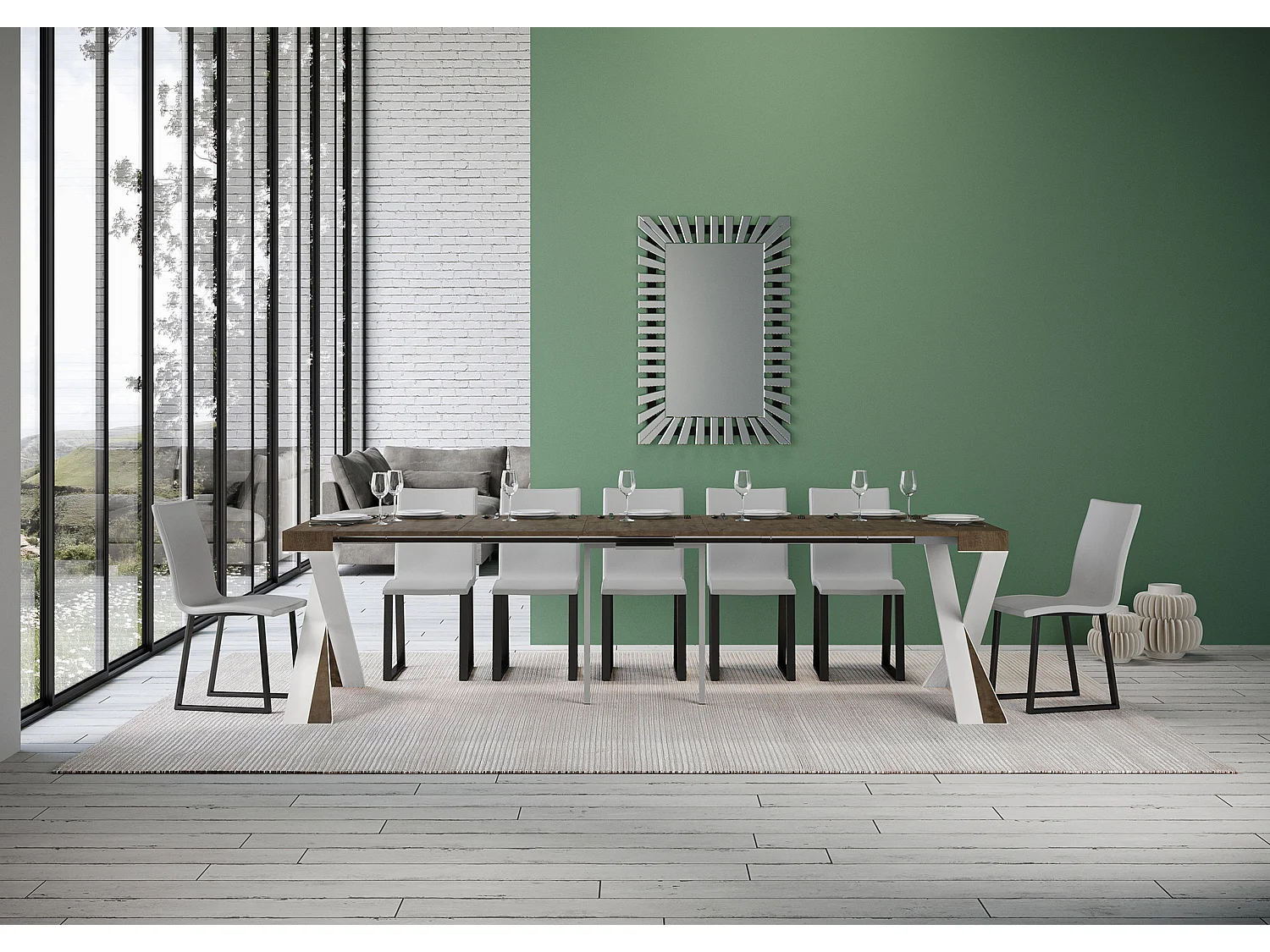 Console extensible 90x40/300 cm Diago noyer pieds blancs