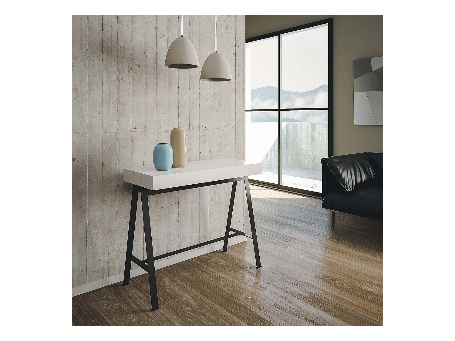 Console extensible 90x40/300 cm Banco Frêne Blanc cadre Anthracite