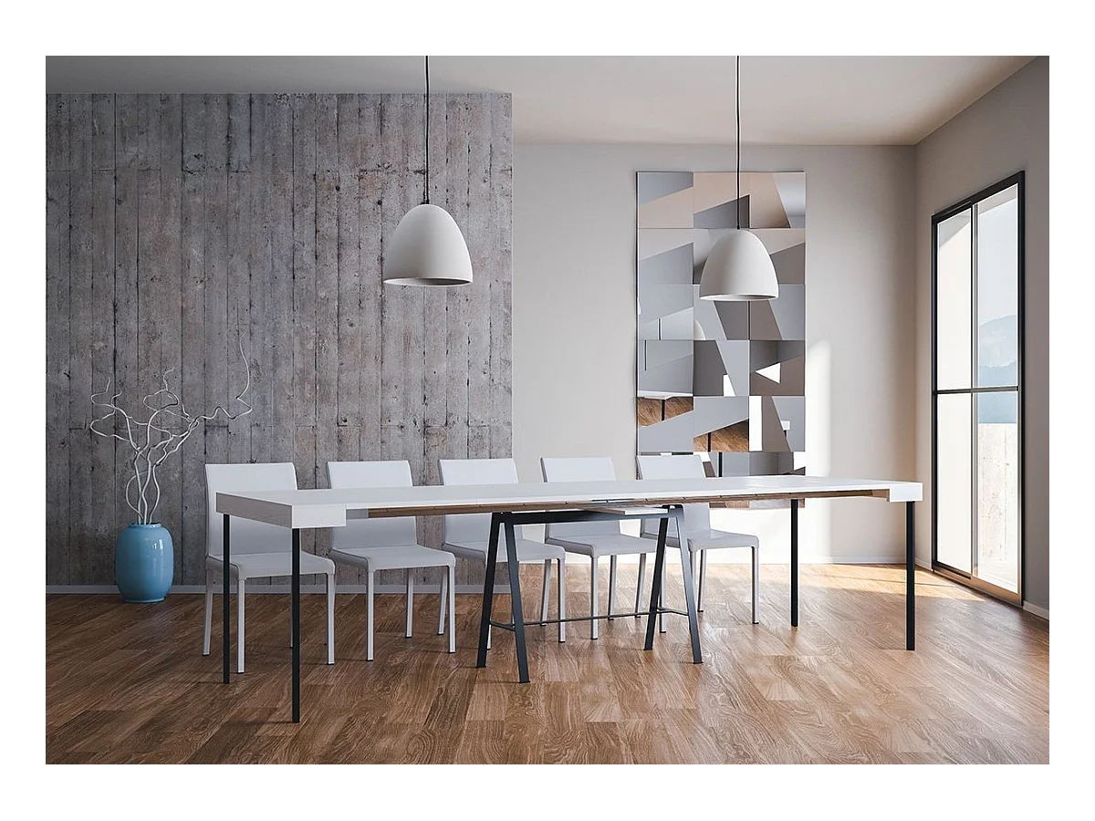 Console extensible 90x40/300 cm Banco Frêne Blanc cadre Anthracite