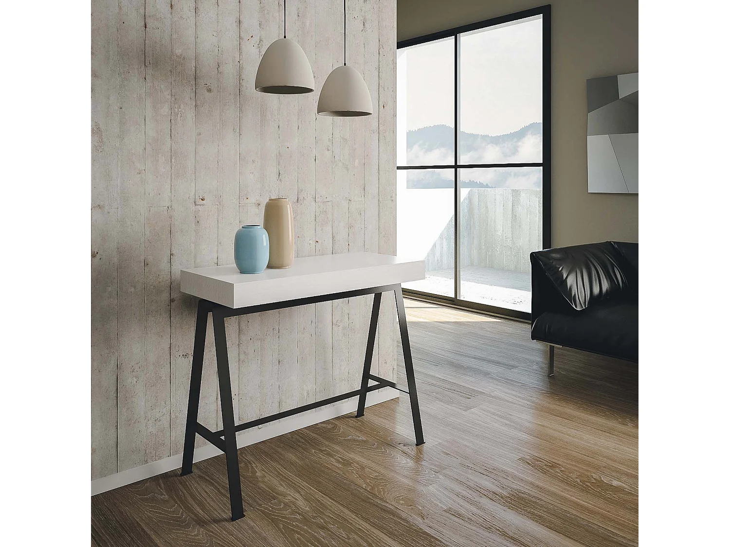 Console extensible 90x40/300 cm Banco Frêne Blanc cadre Anthracite