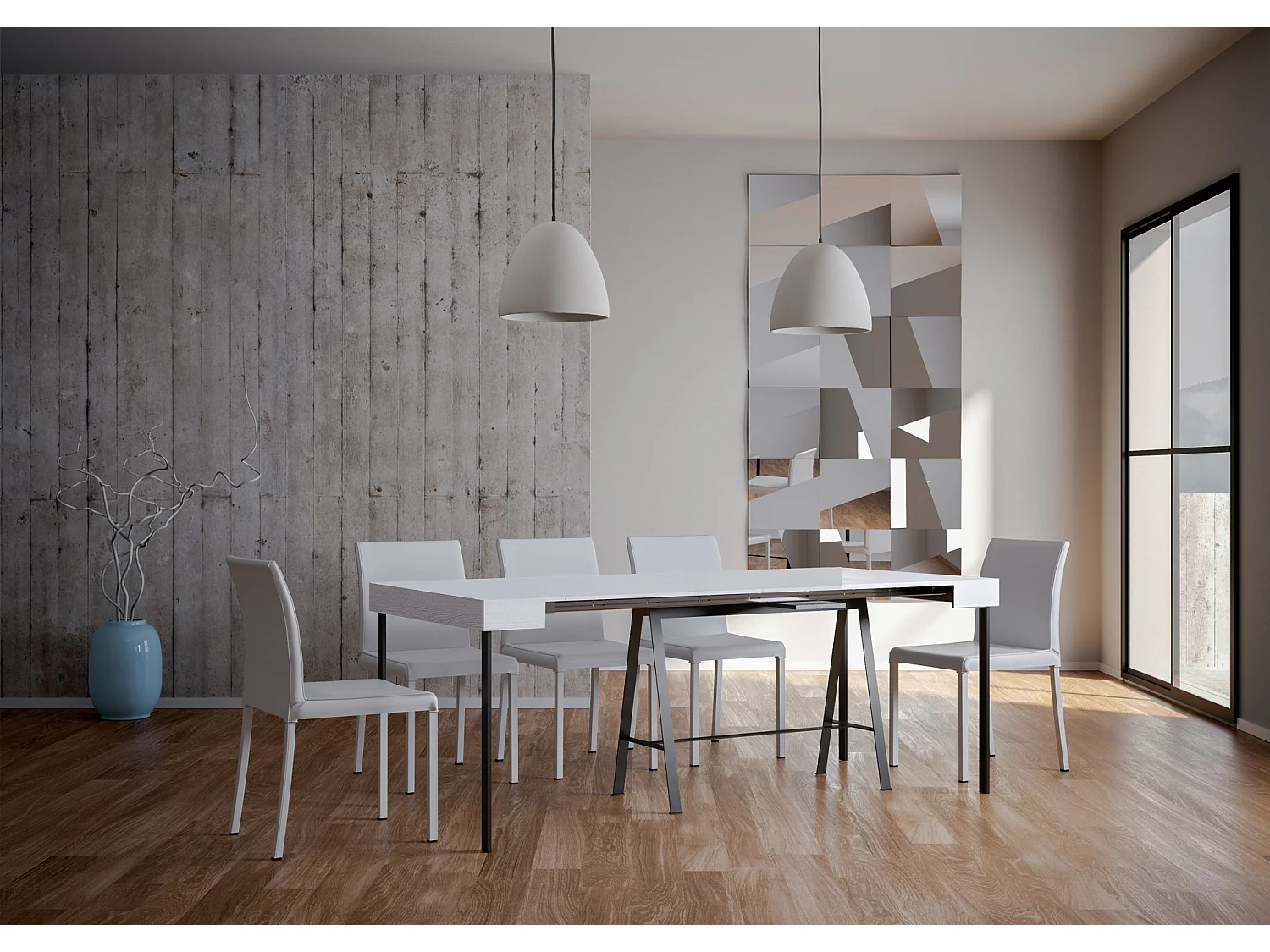 Console extensible 90x40/300 cm Banco Frêne Blanc cadre Anthracite