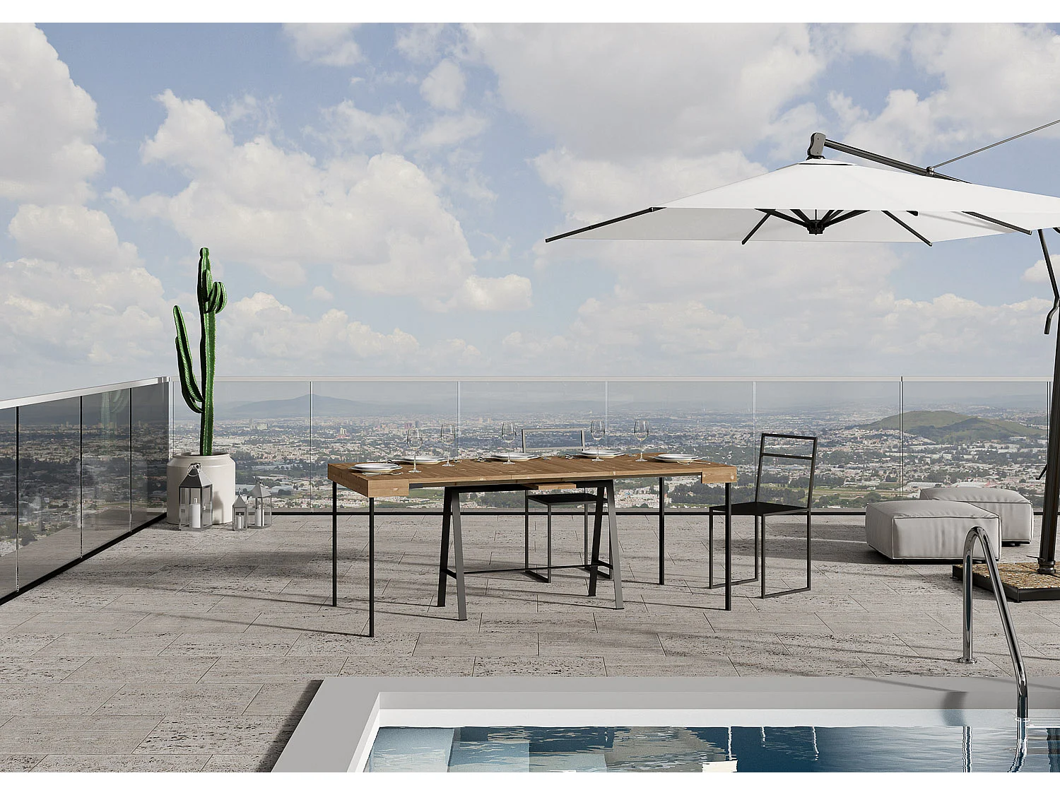 Uitschuifbare console 90x40/190 cm Klein bureau in gebeitst dennenhout met antraciet frame