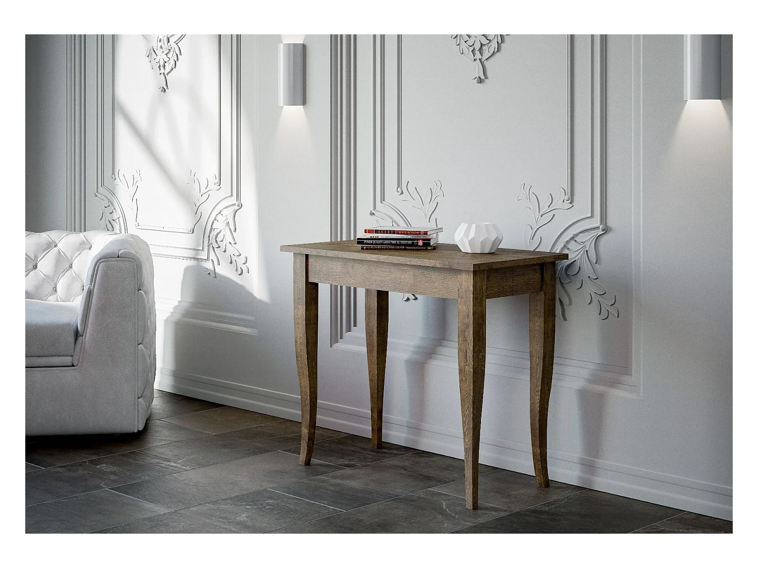 Consola clásica extensible de madera Kamila 90x48/204 o 90x48/308 cm-Color Marrón-Soporte 2 pies-Alargaderas 5 extensiones