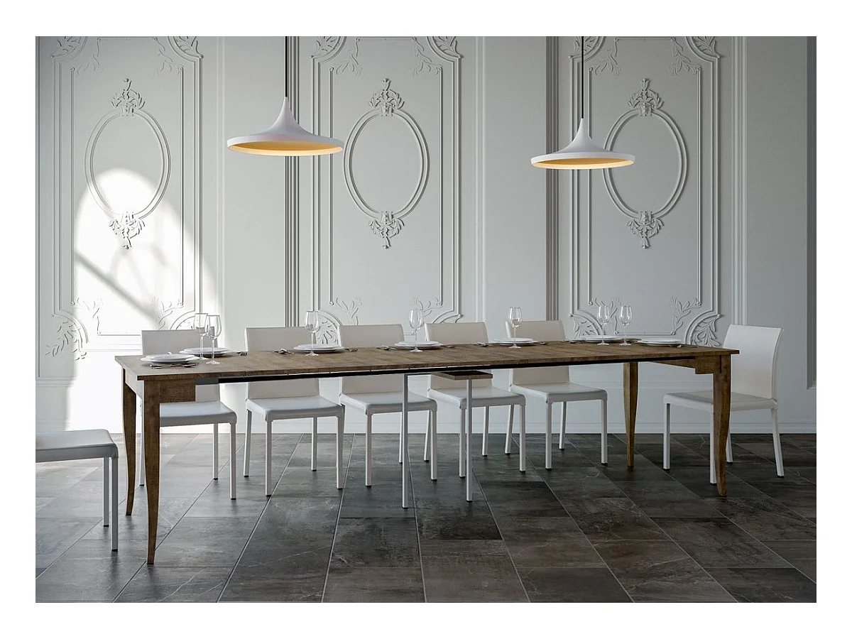 Consola clásica extensible de madera Kamila 90x48/204 o 90x48/308 cm-Color Marrón-Soporte 2 pies-Alargaderas 5 extensiones