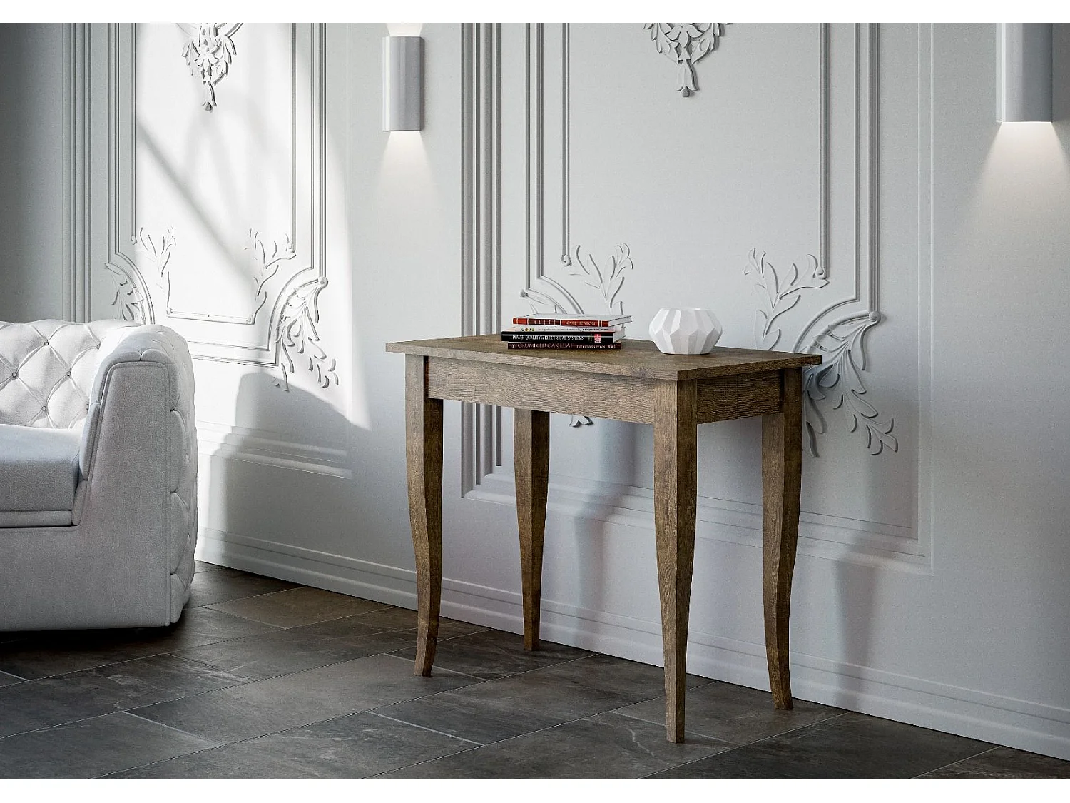 Consola clásica extensible de madera Kamila 90x48/204 o 90x48/308 cm-Color Marrón-Soporte 2 pies-Alargaderas 5 extensiones