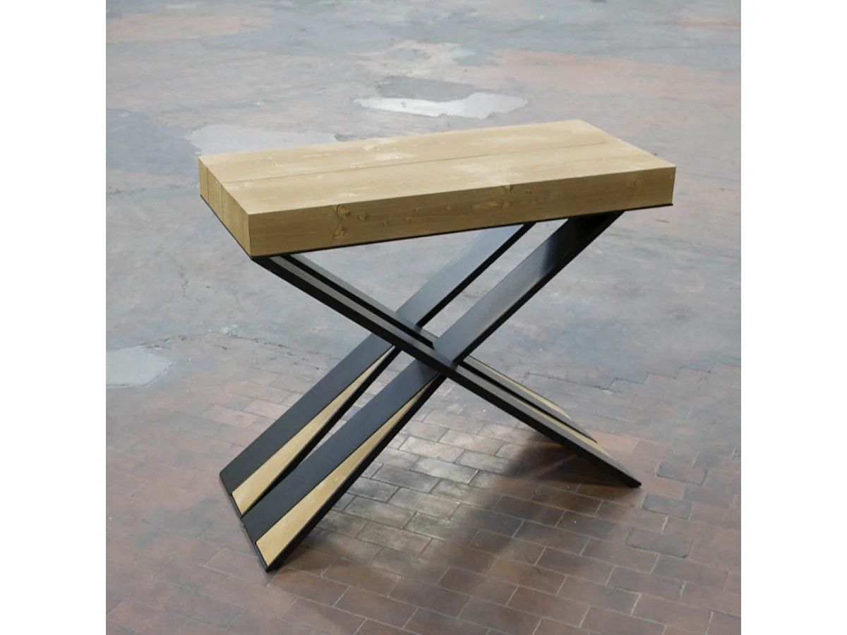 Ausziehbarer Konsolentisch 90x40/290 cm Diago gebeizte Tanne mit Eisenrahmen aus Anthrazit