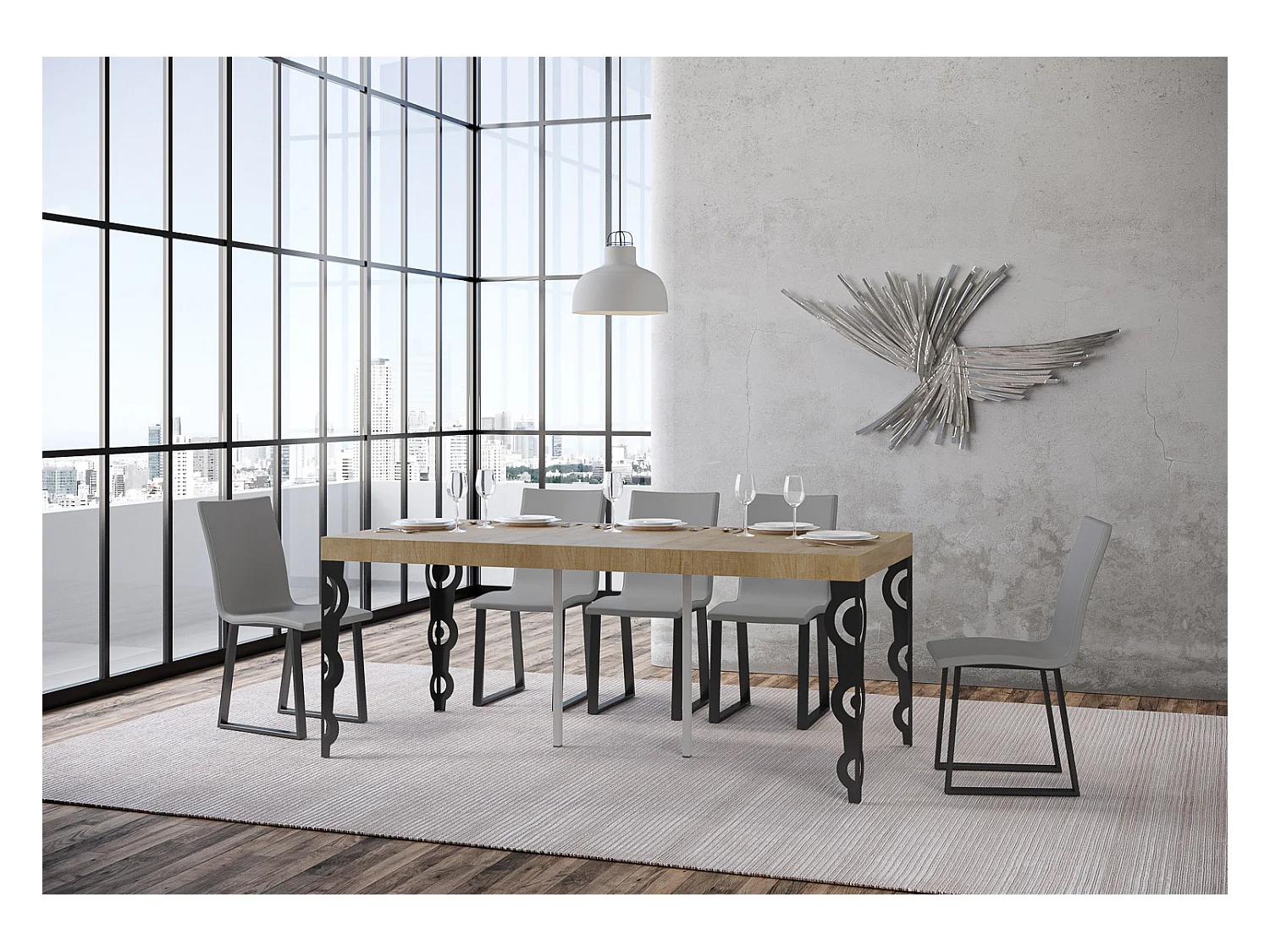 Kazay uitschuifbare console in oosterse stijl 90x40/196 of 90x40/300 cm-Kleur Natuurlijk-Steun 2 voet-Verlengsnoeren 5 dikke extensies