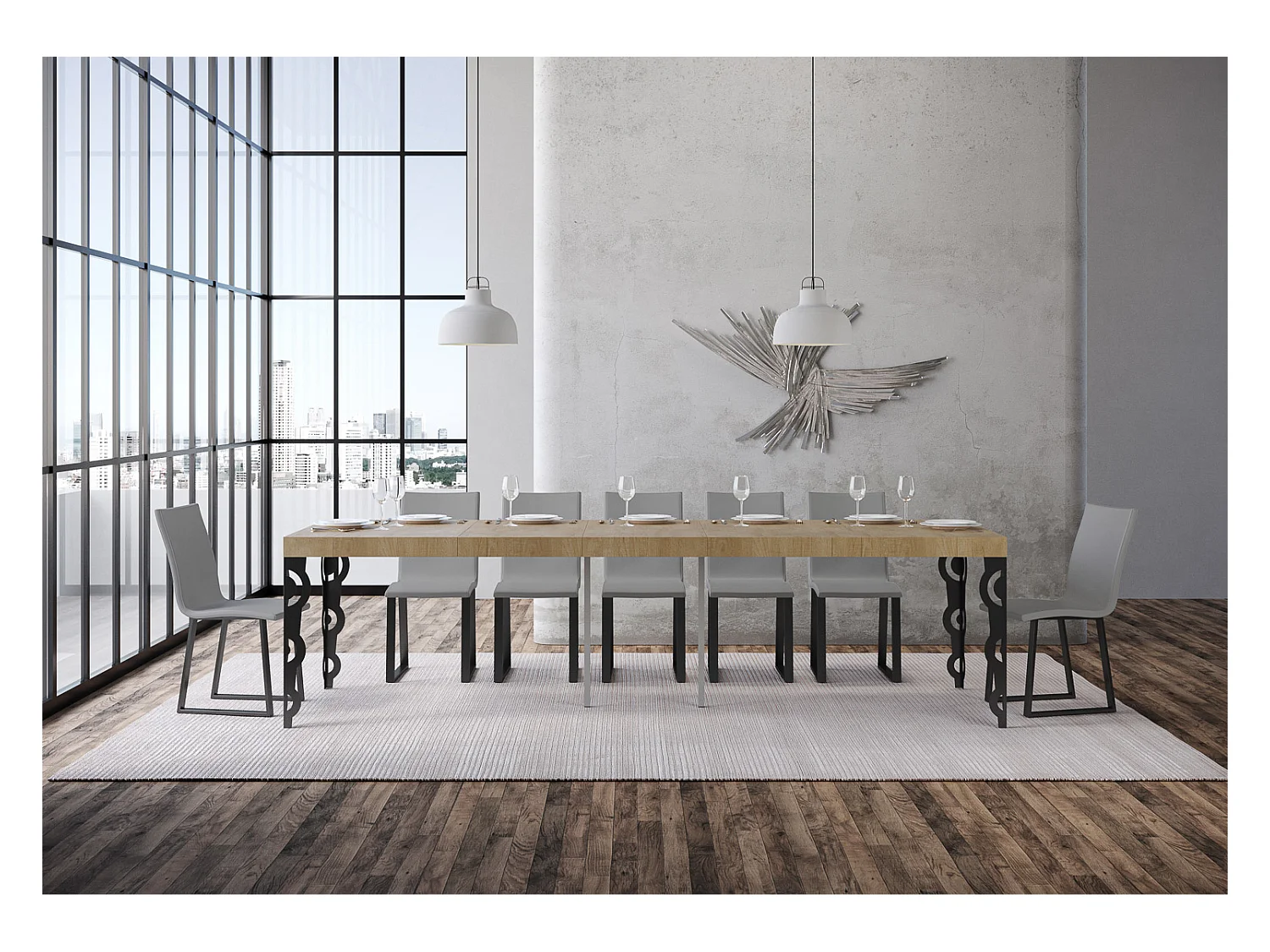 Kazay uitschuifbare console in oosterse stijl 90x40/196 of 90x40/300 cm-Kleur Natuurlijk-Steun 2 voet-Verlengsnoeren 5 dikke extensies