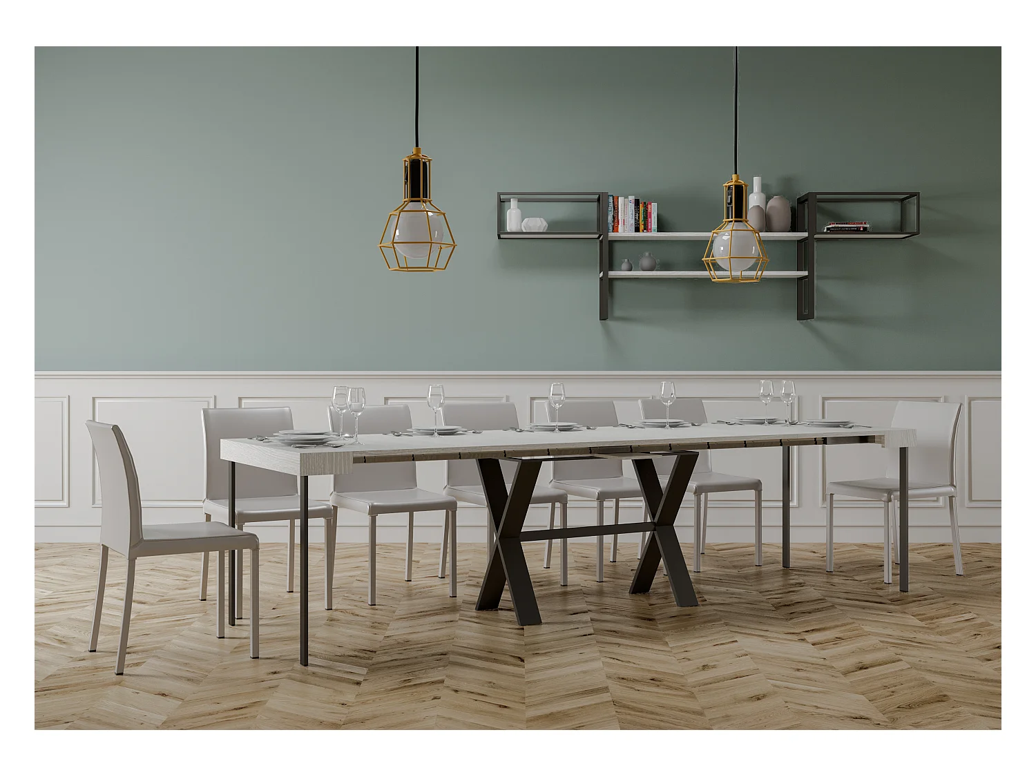 Ausziehbarer Konsolentisch 90x40/300 cm Xenia Esche weiß mit Eisenrahmen aus Anthrazit