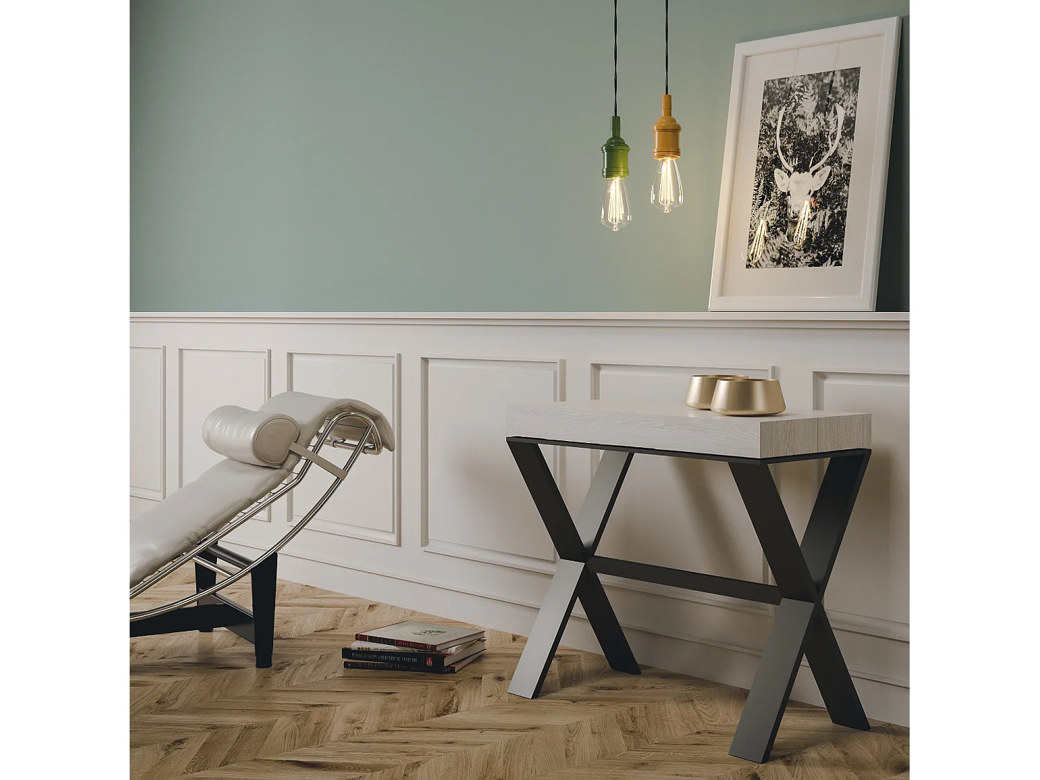 Console extensible 90x40/300 cm Xenia Frêne Blanc cadre Anthracite