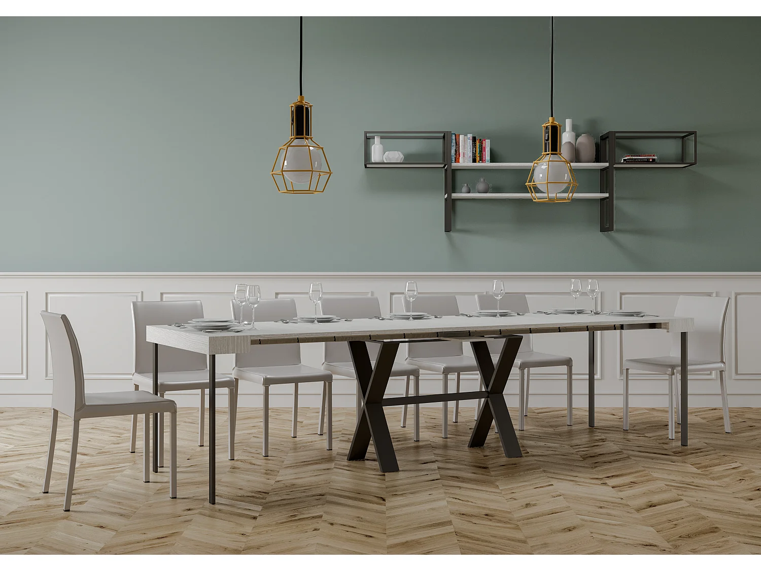 Console extensible 90x40/300 cm Xenia Frêne Blanc cadre Anthracite