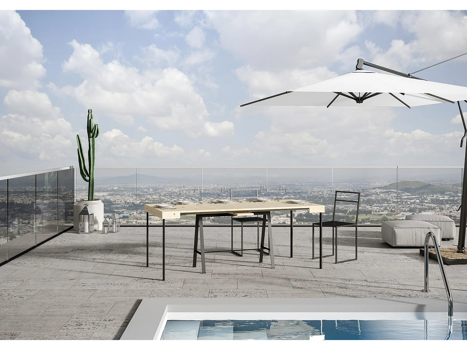 Uitschuifbare console in massief licht dennenhout en antraciet metalen poten 40 tot 290 cm Idris-Versie Basis