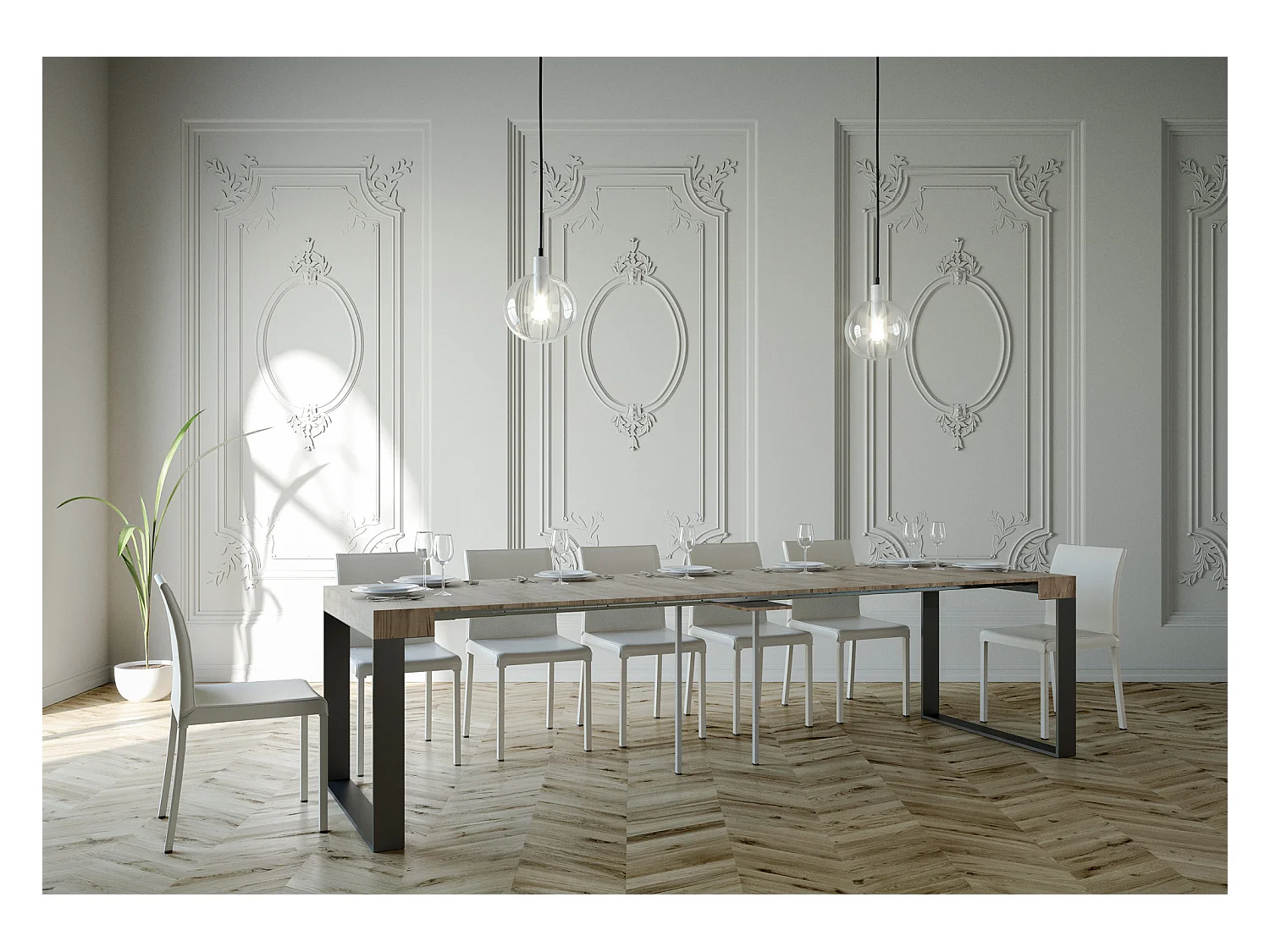 Uitschuifbare sidetable 90x40/300 cm Elettra natuur eiken met antraciet frame