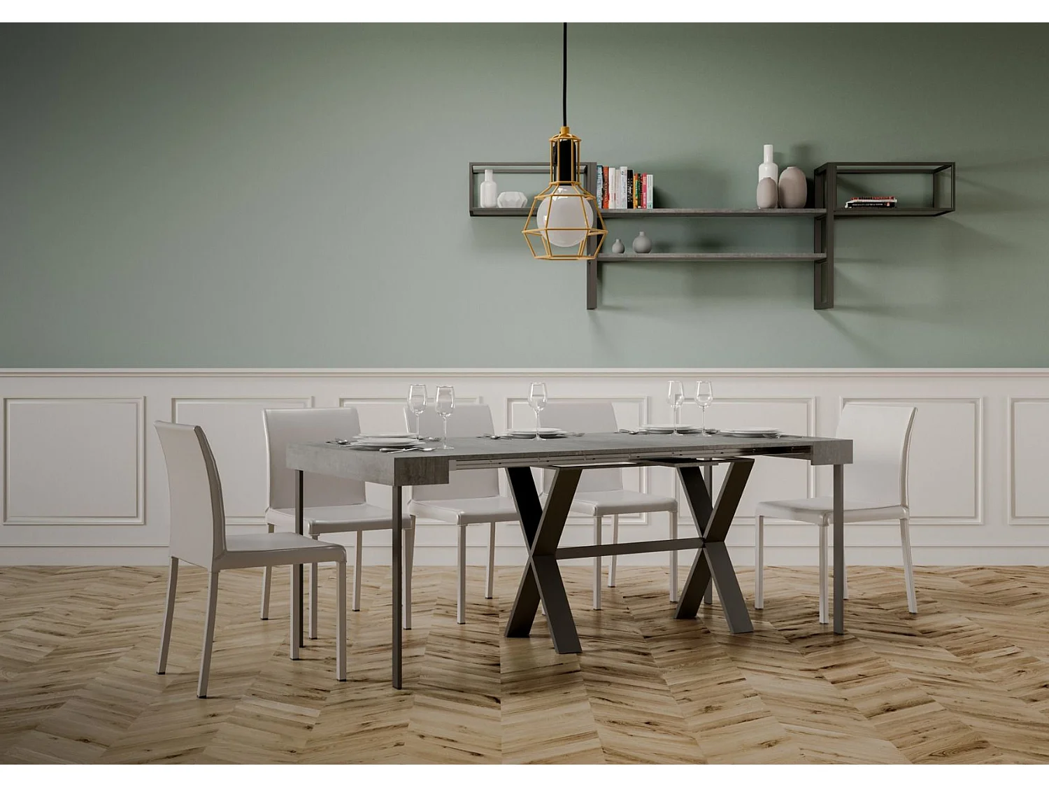 Ausziehbarer Konsolentisch 90x40/196 cm Xenia Small Zement mit Eisenrahmen aus Anthrazit