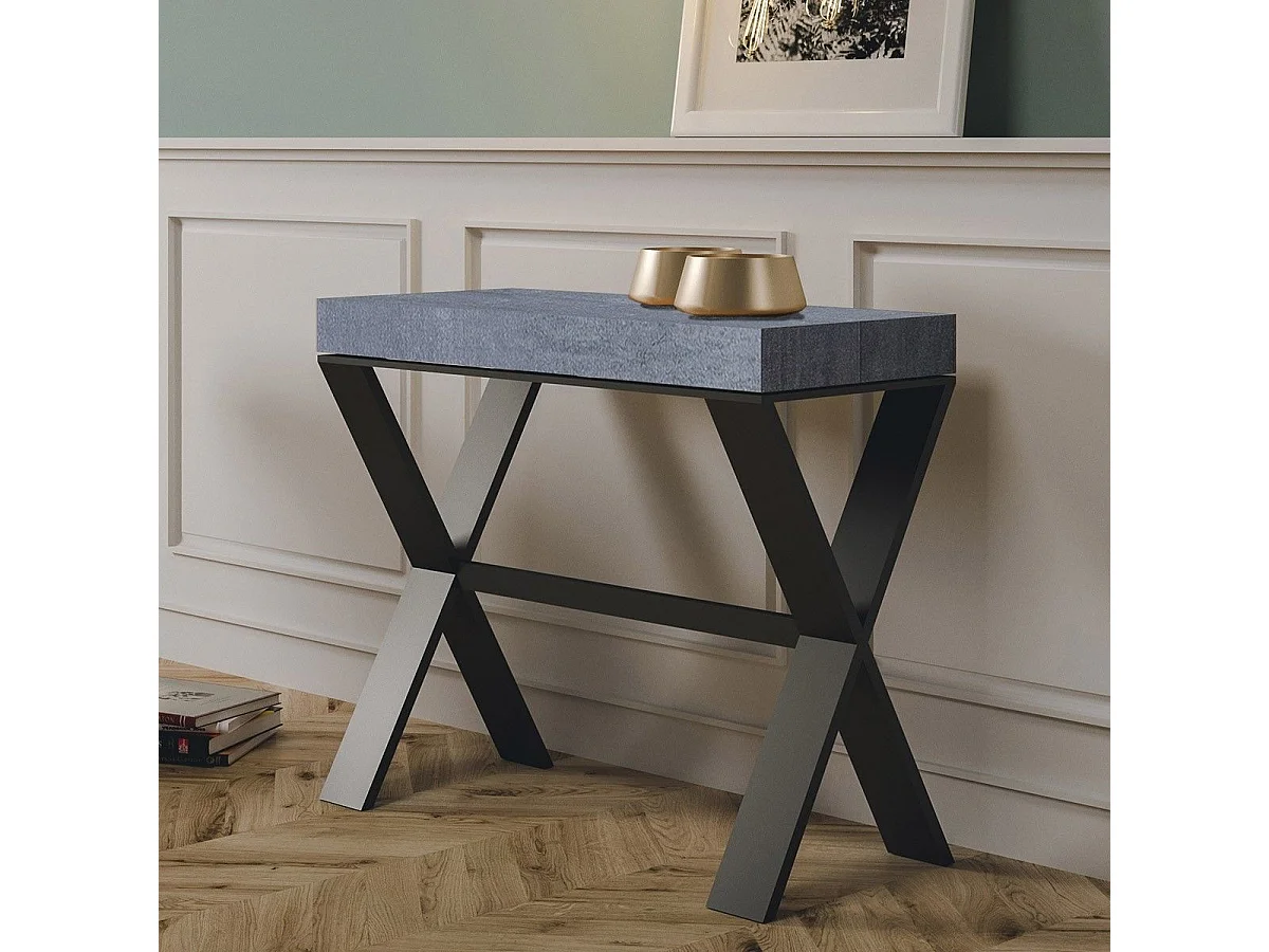 Ausziehbarer Konsolentisch 90x40/196 cm Xenia Small Zement mit Eisenrahmen aus Anthrazit