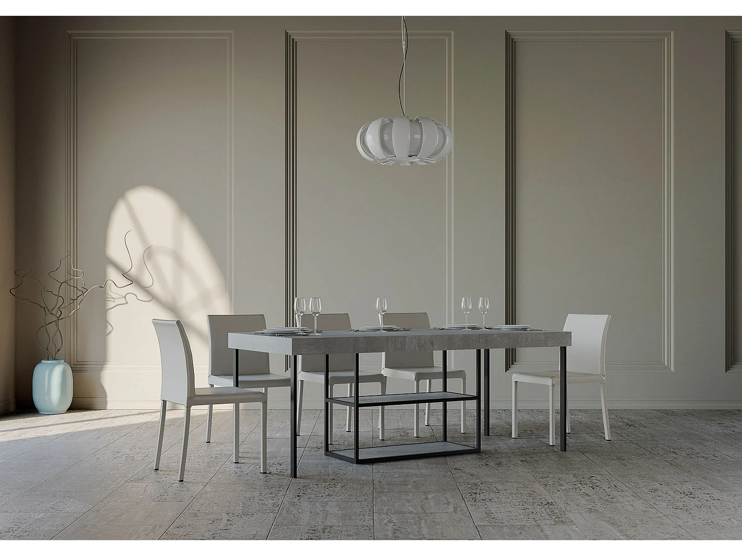 Consola extensible con estantes Spacio 90x40/196 o 90x40/300 cm-Color Gris cemento-5 alargaderas gruesas