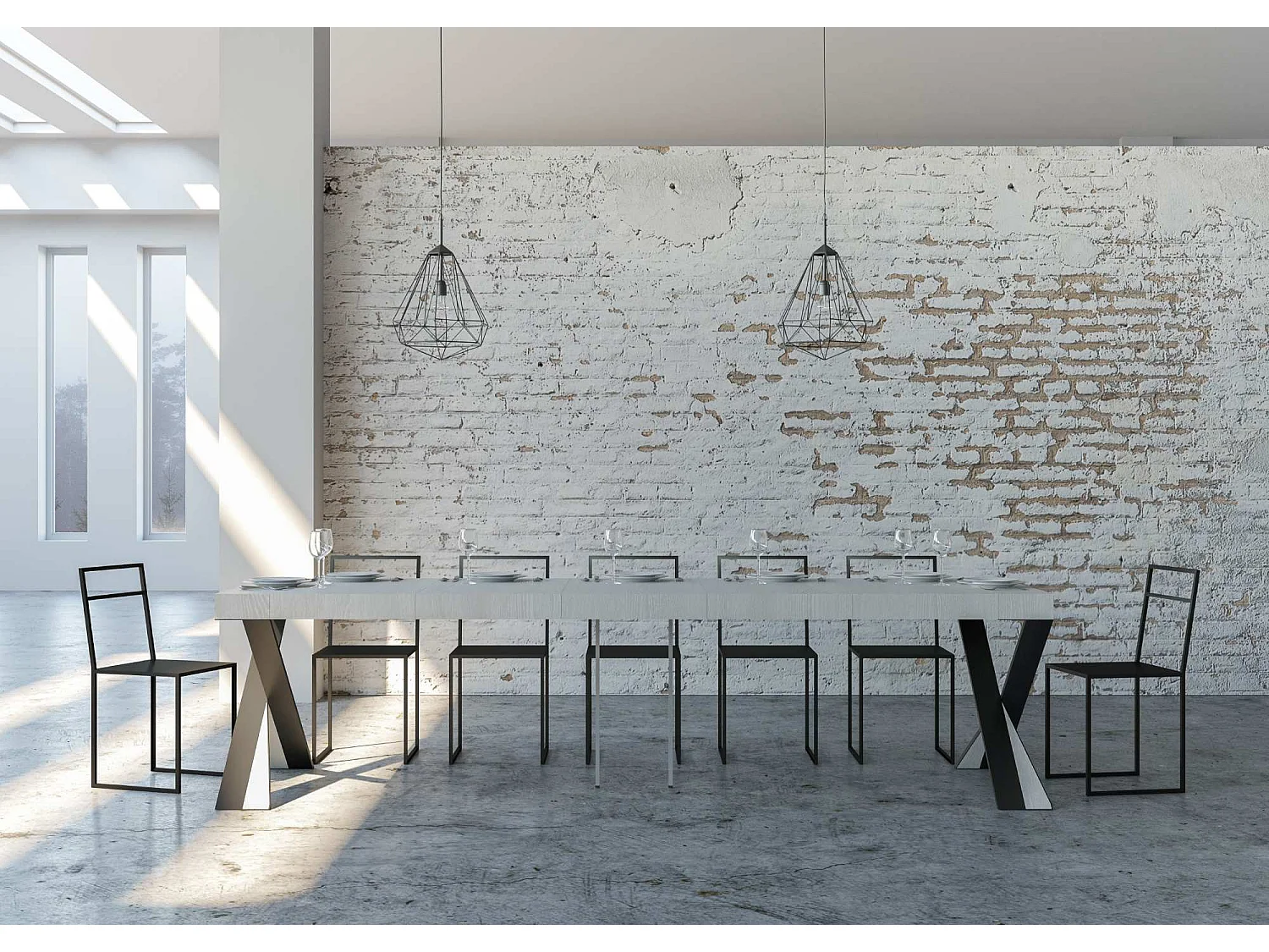 Ausziehbarer Konsolentisch 90x40/300 cm Diago Premium Esche weiß mit Eisenrahmen aus Anthrazit