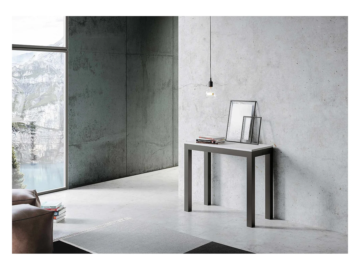 Uitschuifbare console in hout en antraciet staal Monteros 90x40/196 of 90x40/300 cm-Kleur Wit-Steun 2 voet-Verlengsnoeren 3 uitbreidingen