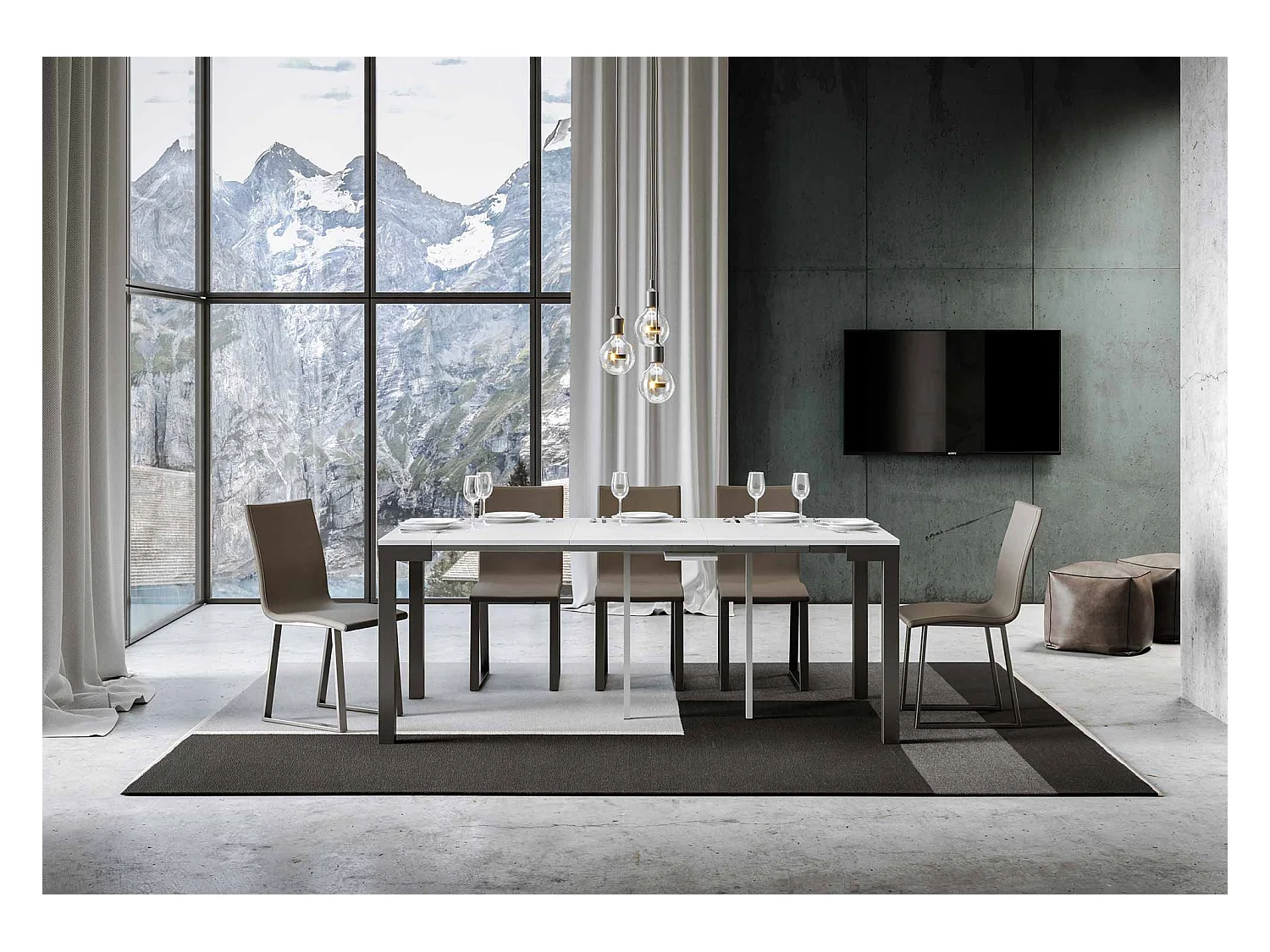 Uitschuifbare console in hout en antraciet staal Monteros 90x40/196 of 90x40/300 cm-Kleur Wit-Steun 2 voet-Verlengsnoeren 3 uitbreidingen