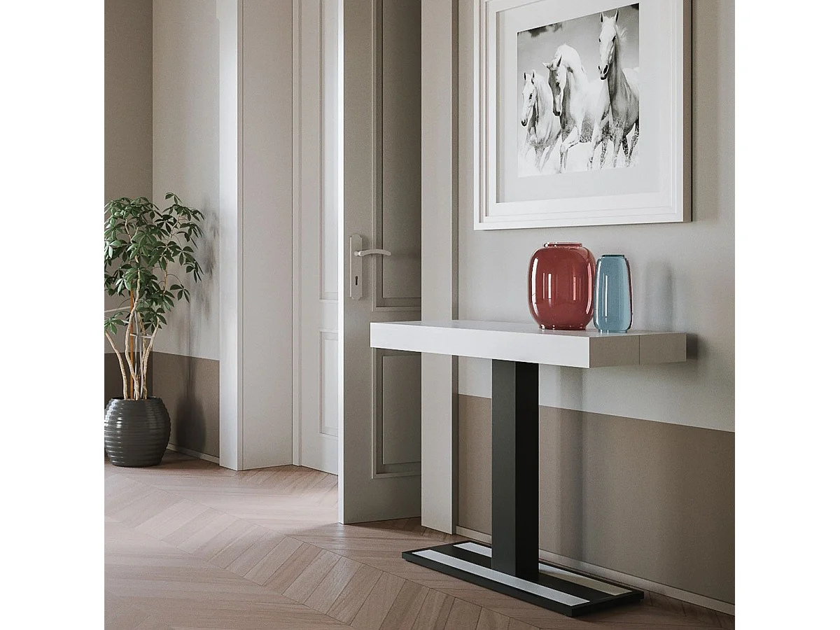 Designer uitschuifbare houten console met centrale poot Kapital 90x40/196 of 90x40/300 cm-Kleur Wit-Verlengsnoeren 3 dikke extensies
