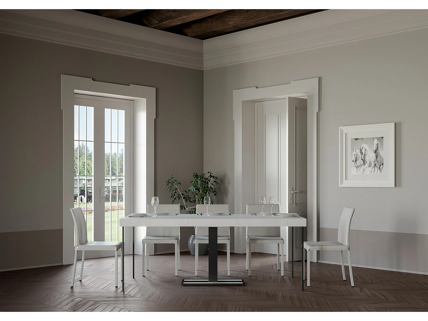 Designer uitschuifbare houten console met centrale poot Kapital 90x40/196 of 90x40/300 cm-Kleur Wit-Verlengsnoeren 3 dikke extensies
