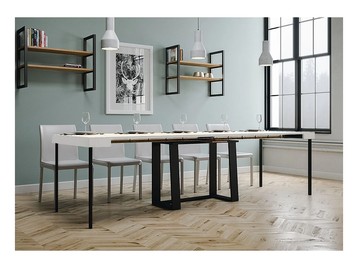 Consola extensible 90x40/288 cm Asia Fresno Blanco estructura Antracita