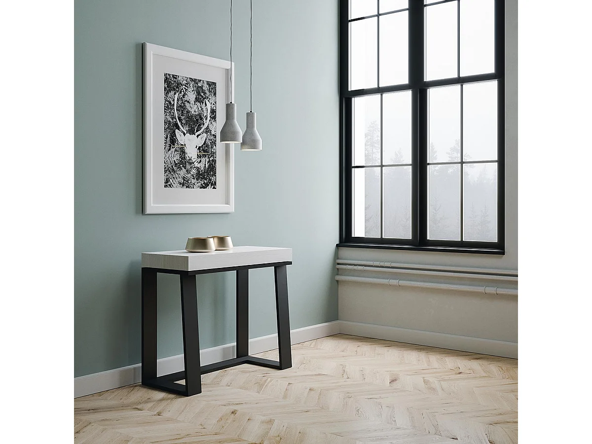 Console extensible 90x40/288 cm Asia Frêne Blanc rallonges internes cadre Anthracite