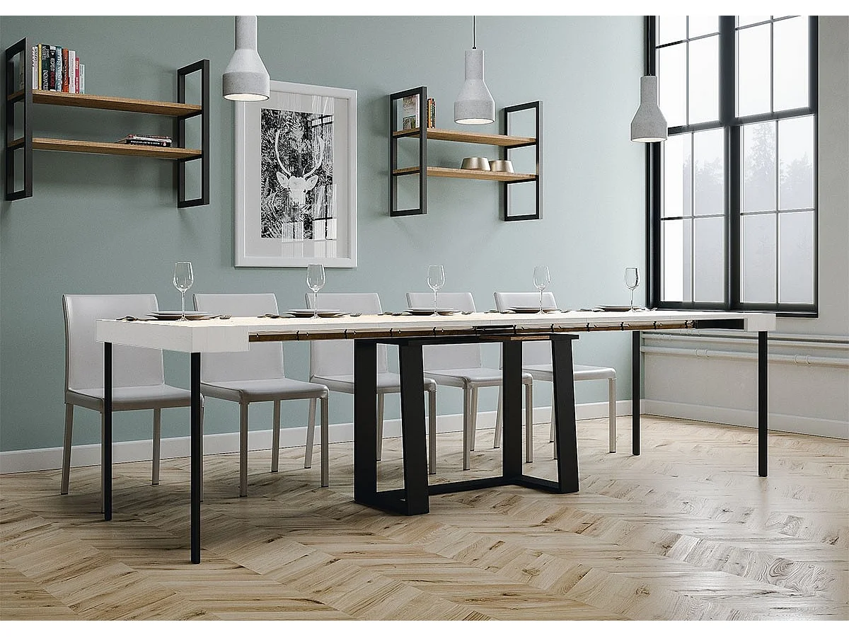 Console extensible 90x40/288 cm Asia Frêne Blanc rallonges internes cadre Anthracite