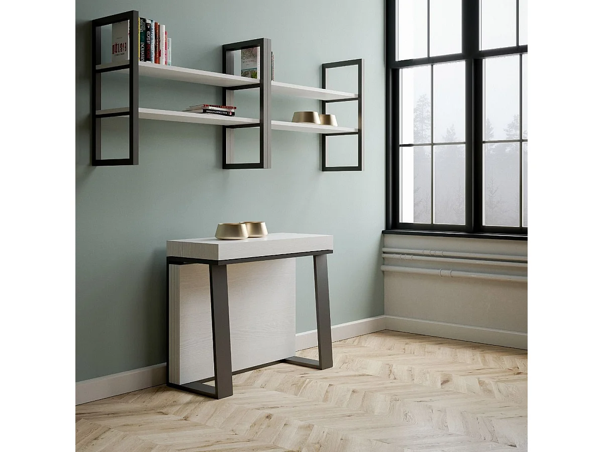 Console extensible 90x40/288 cm Asia Frêne Blanc rallonges internes cadre Anthracite