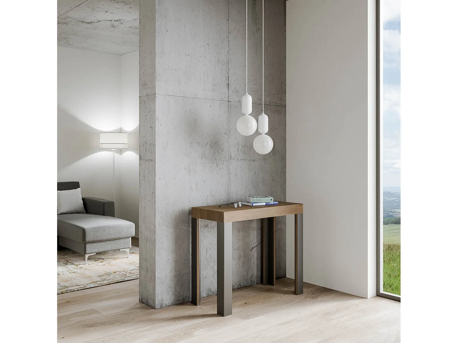 Uitschuifbare sidetable 90x40/196 cm Linea Small walnoot met antraciet frame