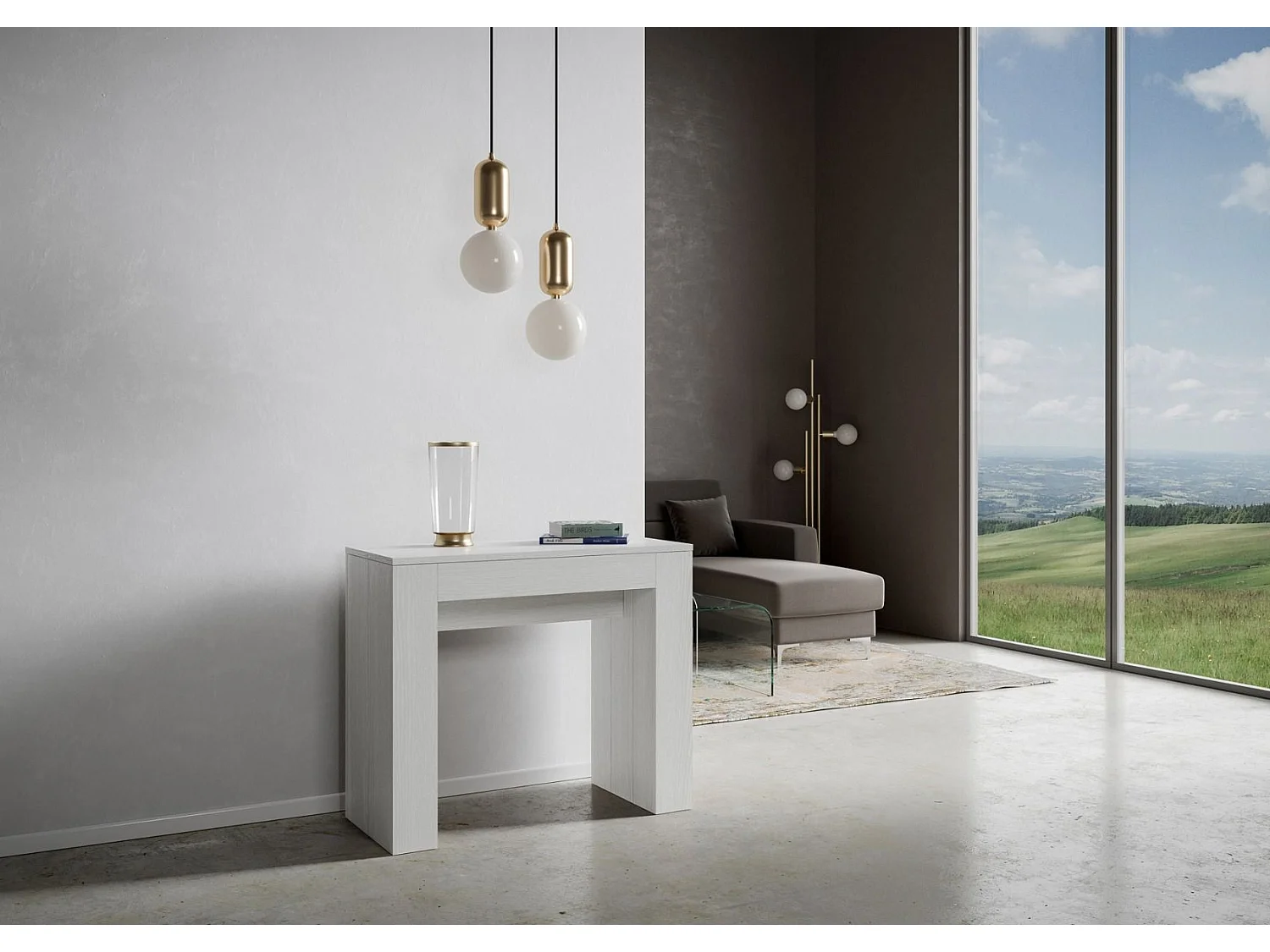 Console extensible 90x42/302 cm Modem Frêne Blanc