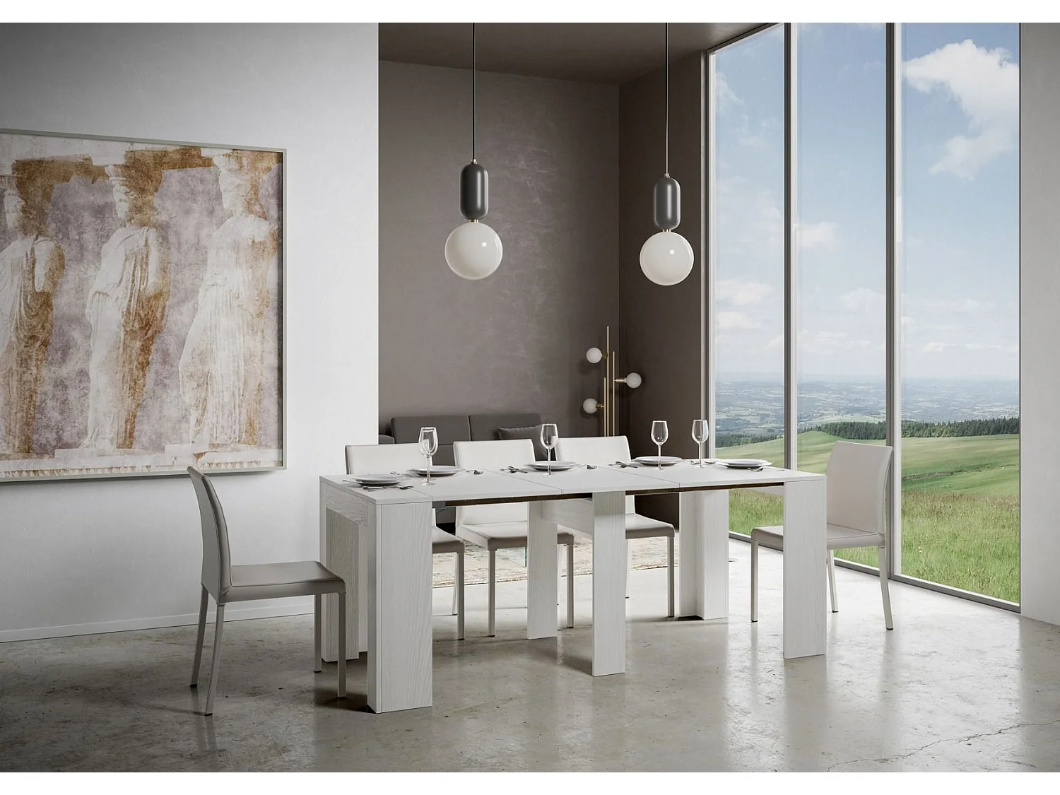 Console extensible 90x42/302 cm Modem Frêne Blanc