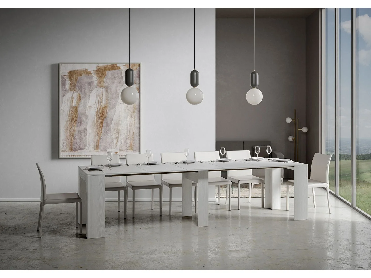 Console extensible 90x42/302 cm Modem Frêne Blanc