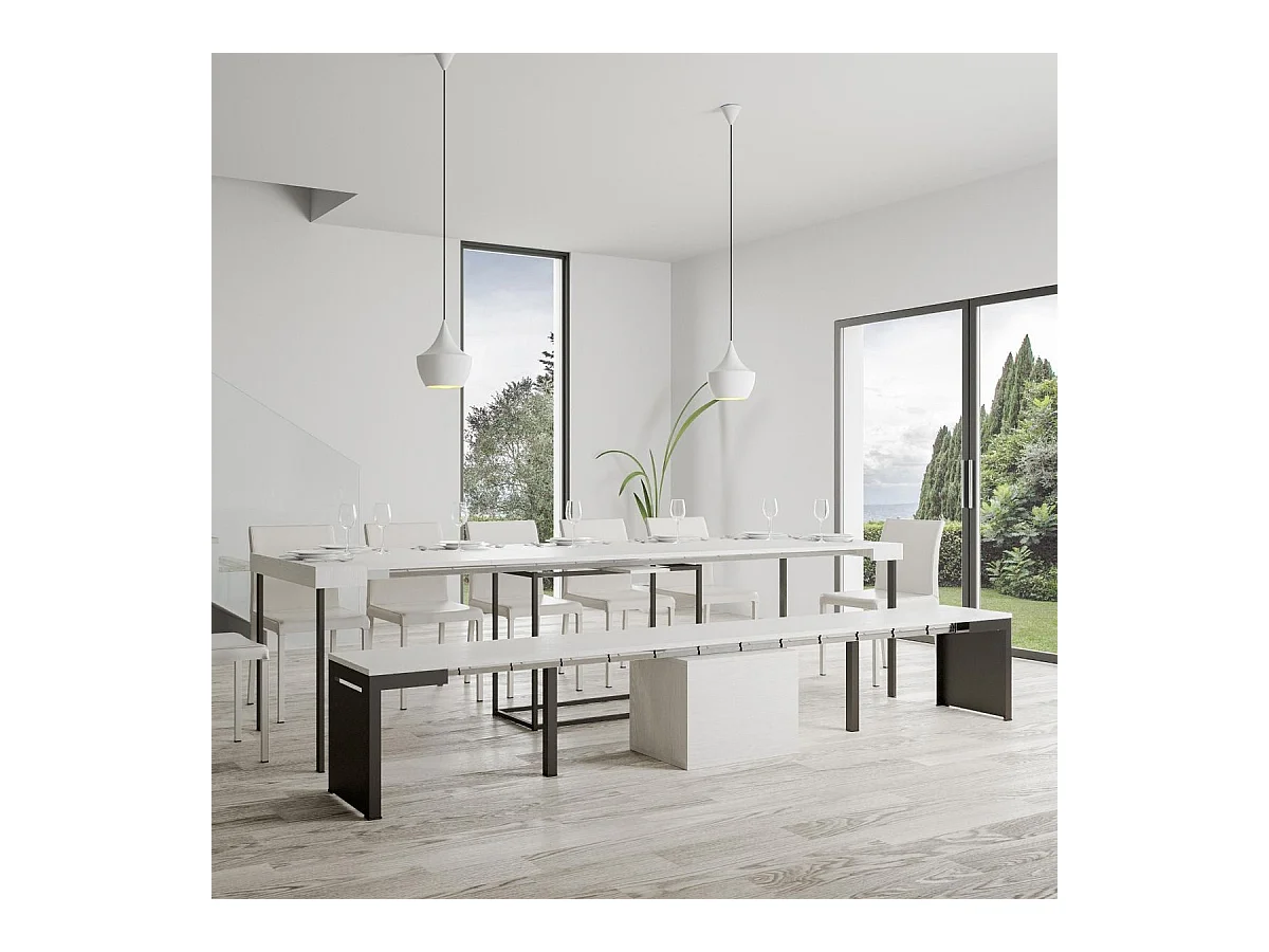 Uitschuifbare zitbank 55x40/305 cm Walk eiken wit met antraciet frame