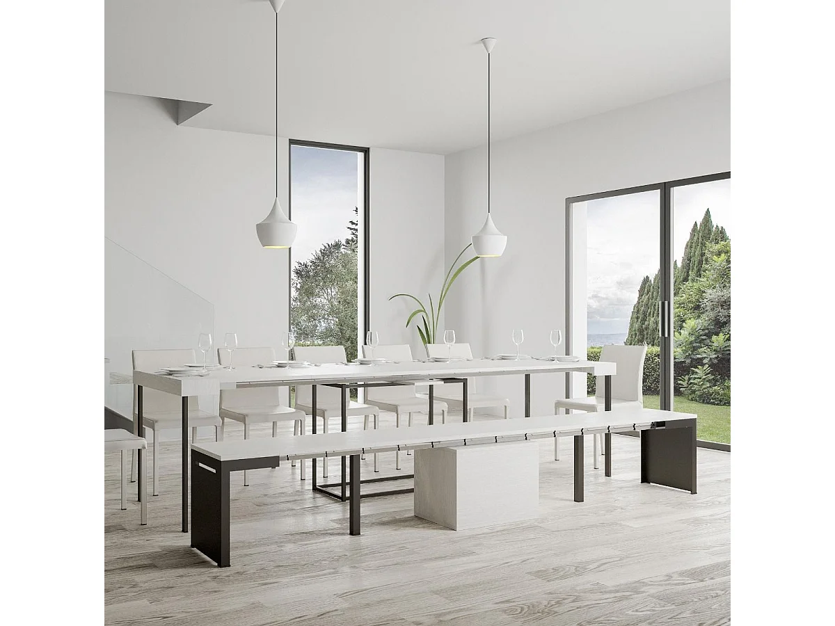Banc extensible 55x40/305 cm Walk Frêne Blanc rallonges internes cadre Anthracite