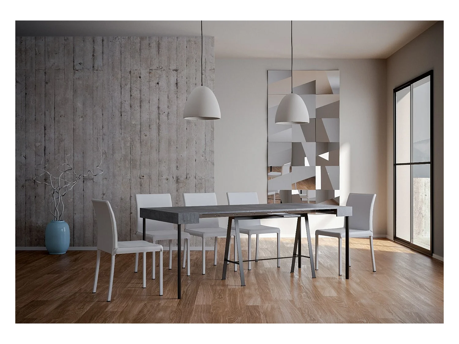 Ausziehbarer Konsolentisch 90x40/196 cm Banco Small Zement mit Eisenrahmen aus Anthrazit